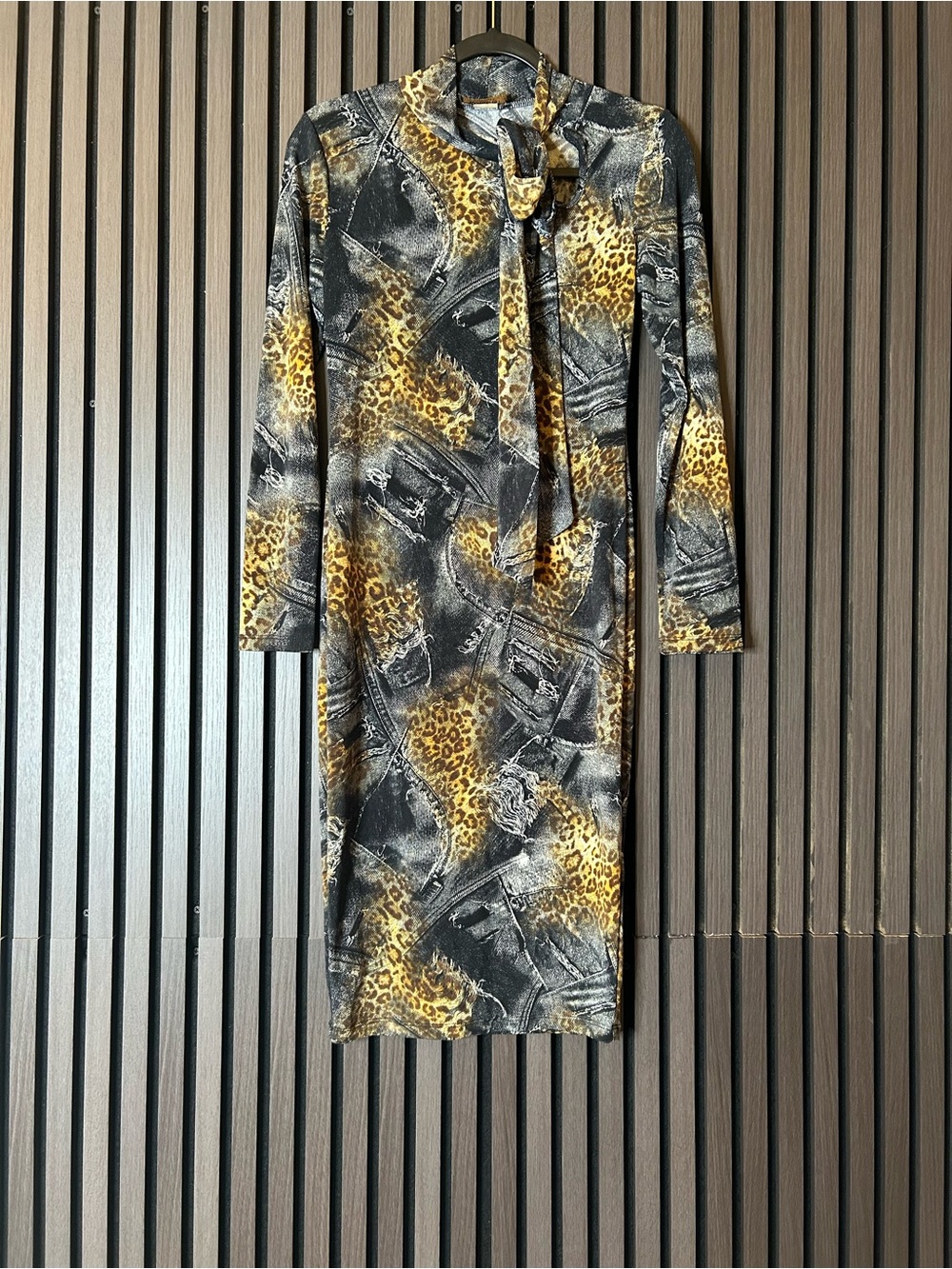Tie-Neck Long Sleeve Animal Print Dress in Yellow and Black